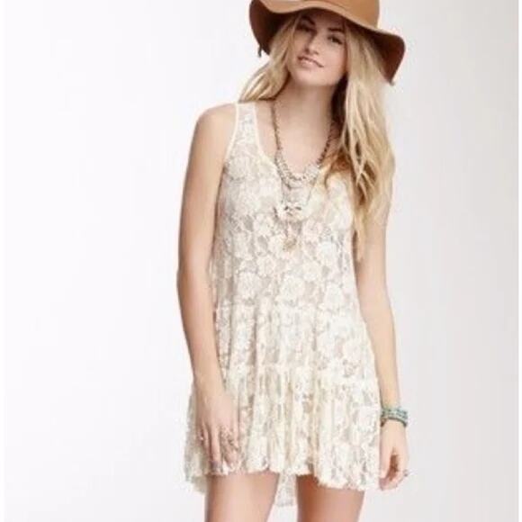 Free People FP ONE Emily Sheer Floral Ruffle Lace Slip Tunic Dress in Ivory - Picture 1 of 7